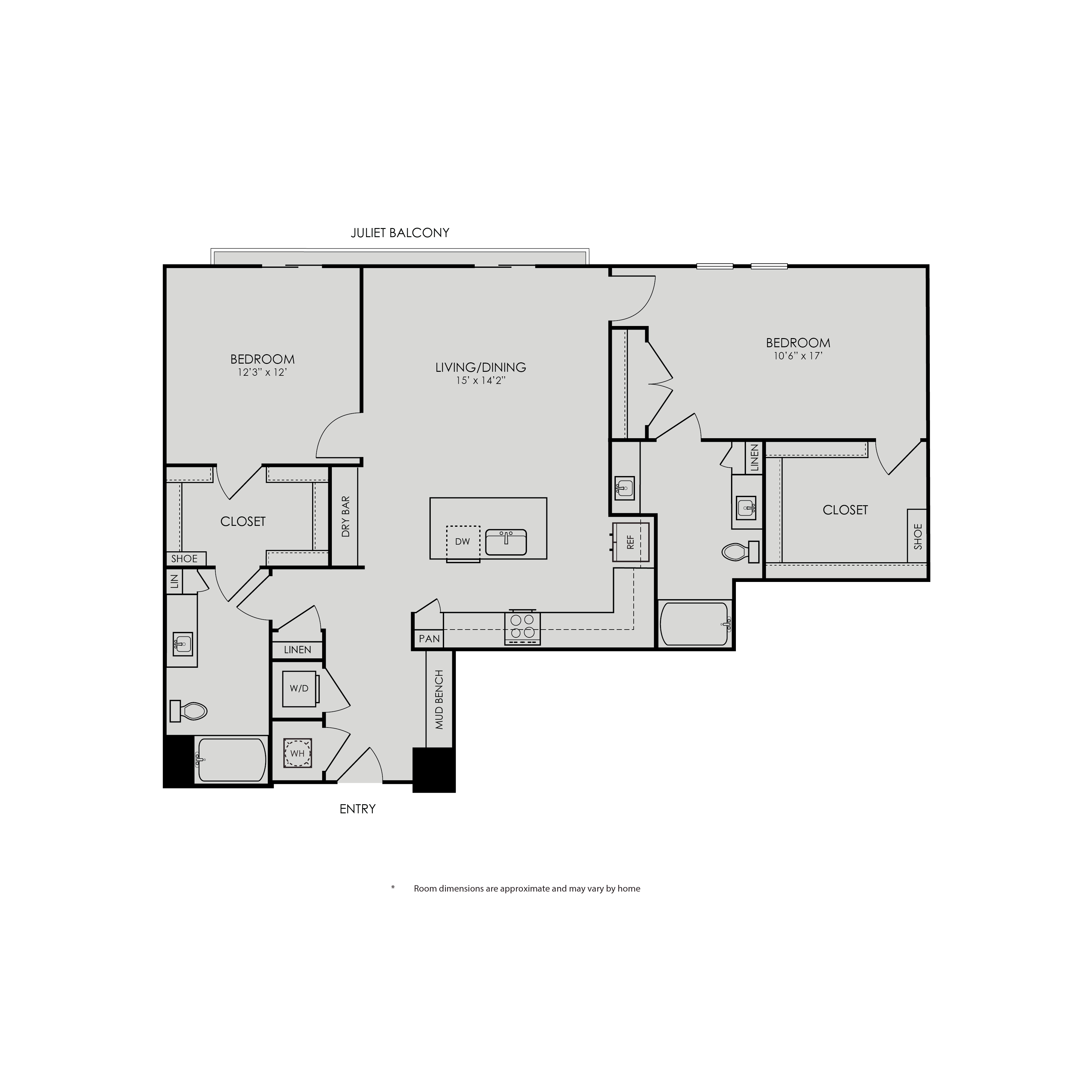Floor plan for 2 beds, 2 baths, 1259 sqft